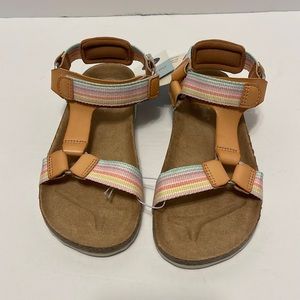 Girl’s Tan & Pastel Striped Footbed Hook & Loop Closure Comfort Sandals